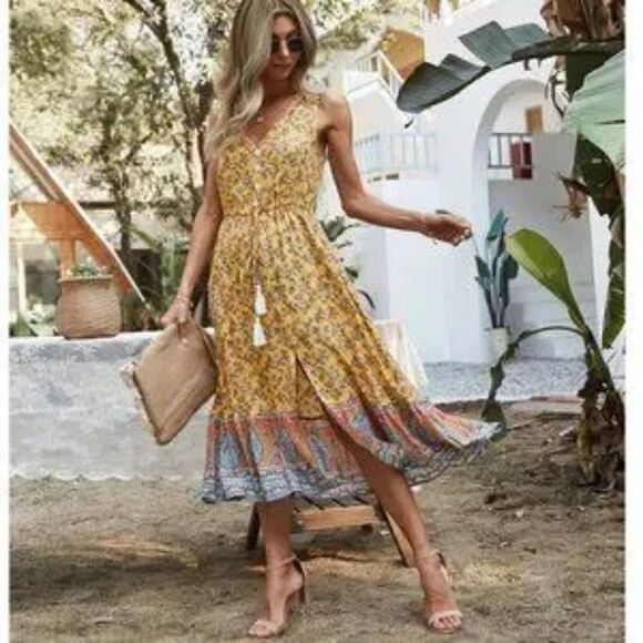 Floral Printed Yellow Midi Button Down Dress - Picture 3 of 3